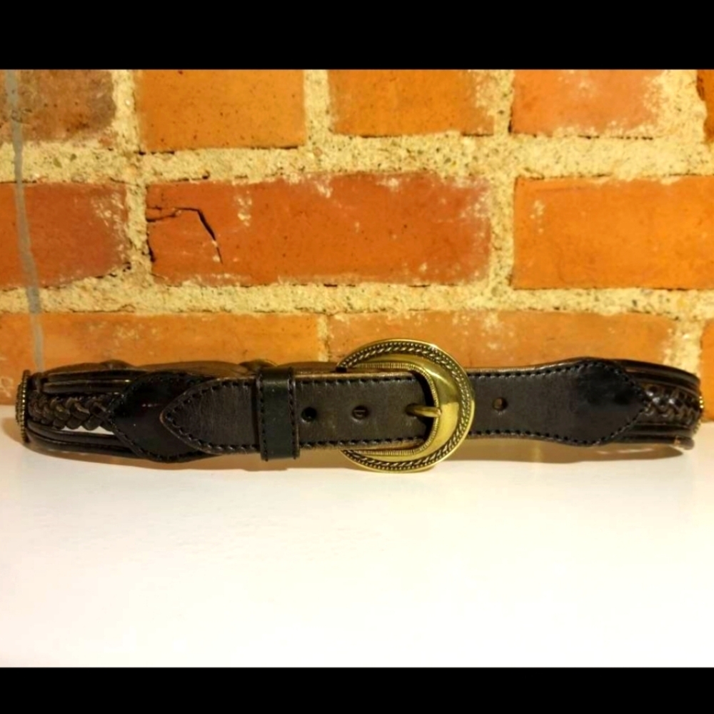 VINTAGE BROWN LEATHER BELT BOHO FESTIVAL BRAIDED GOLD MEDALLIONS 90S WESTERN VTG